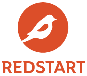 RedStart stacked logo and wordmark in red